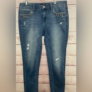 WHITE HOUSE BLACK MARKET DISTRESSED JEANS EMBELLISHED RHINESTONES GEM 8R Preownd